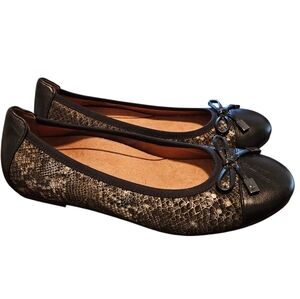 Vionic Spark Minna Boa Metallic Snake Print Bow Black Gold Ballet Flat Sz 6